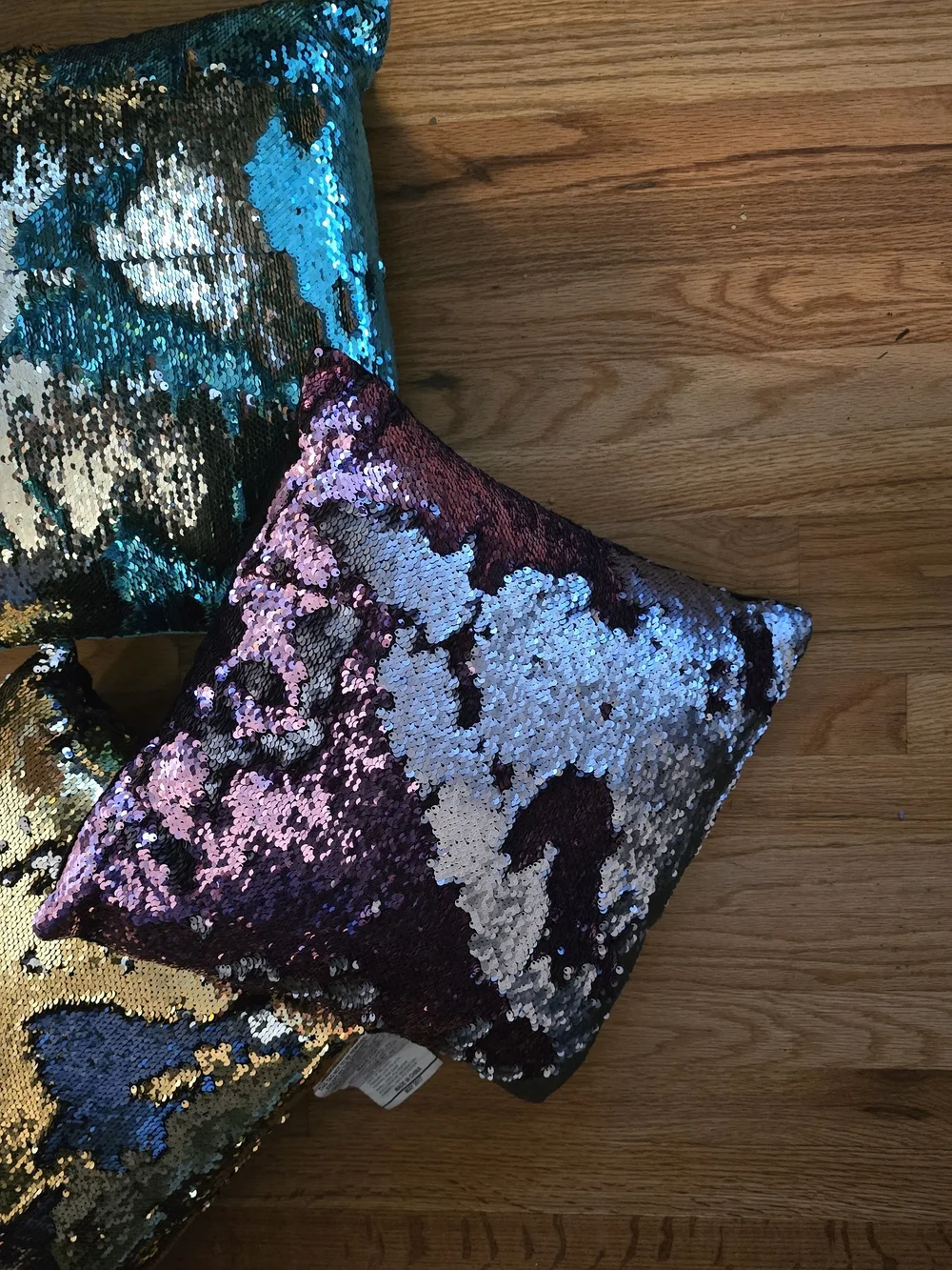 Set of 3 Reversible Mermaid Sequin Throw Pillows Blue Gold Pink Silver.